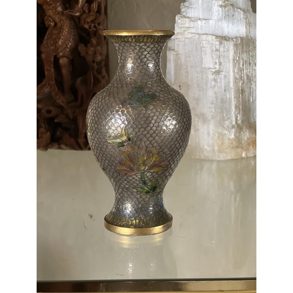 Vintage Cloisonne Enamel Floral Vase Silver Fish Scale Pattern Turquoise Base 5" - Picture 7 of 11